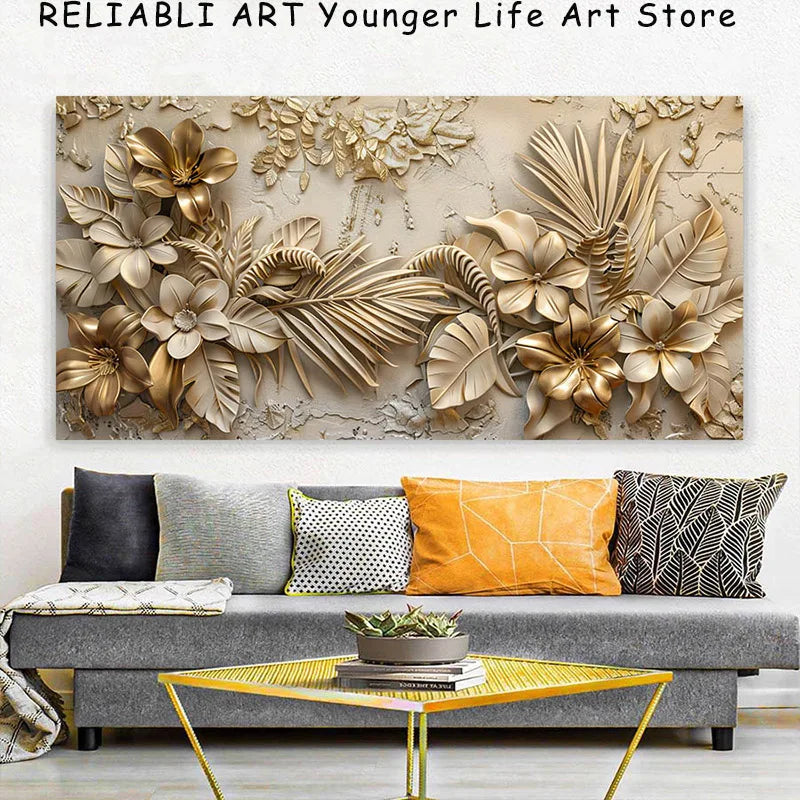 Vintage Golden Flower Posters And Prints,Nordic Style, Wall Art Pictures Canvas Painting For Living Room Home Decor No Frame