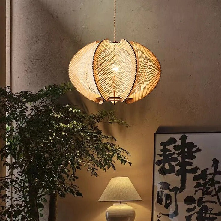 Lustre bois chanvre wabi-sabi suspendu - vue 5 sur 9
