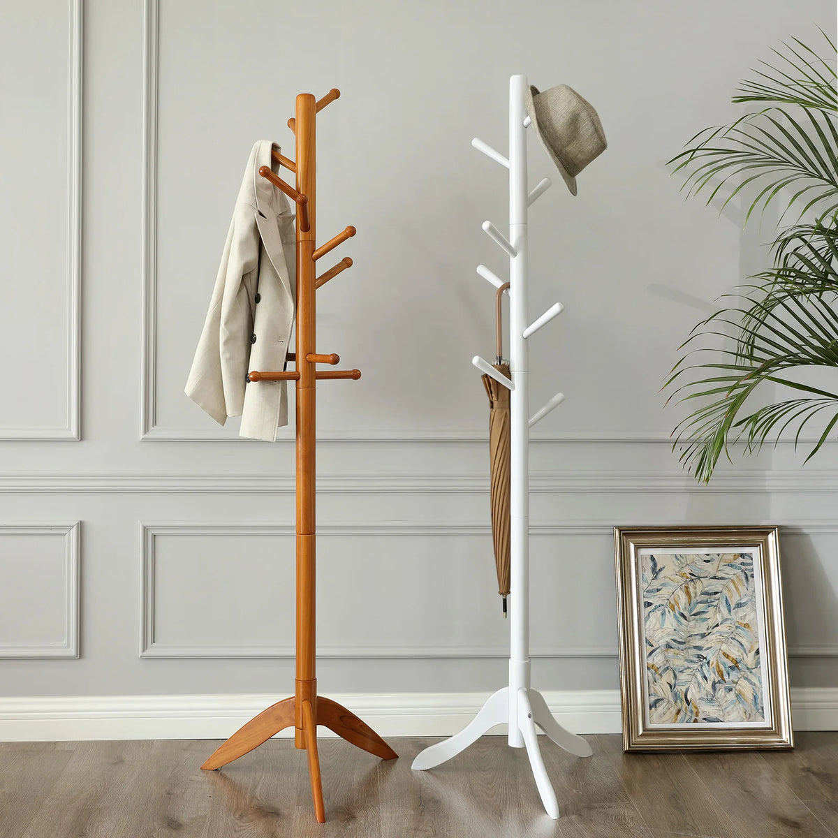 VASAGLE Standing Coat Rack, Solid Wood Coat Rack, Tree-Shaped Coat Rack with 8 Hooks, 3 Height Options, for Clothes, Hats, Bags