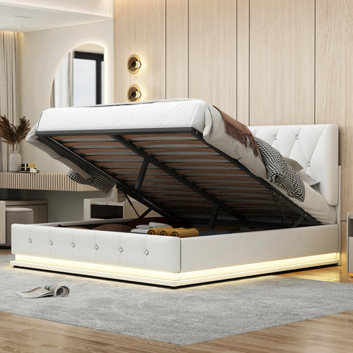 Upholstered Bed 140 x 200 cm with LED Lighting, Double Bed with Slatted Frame and Storage Space,No Mattresses - vue 2 sur 7