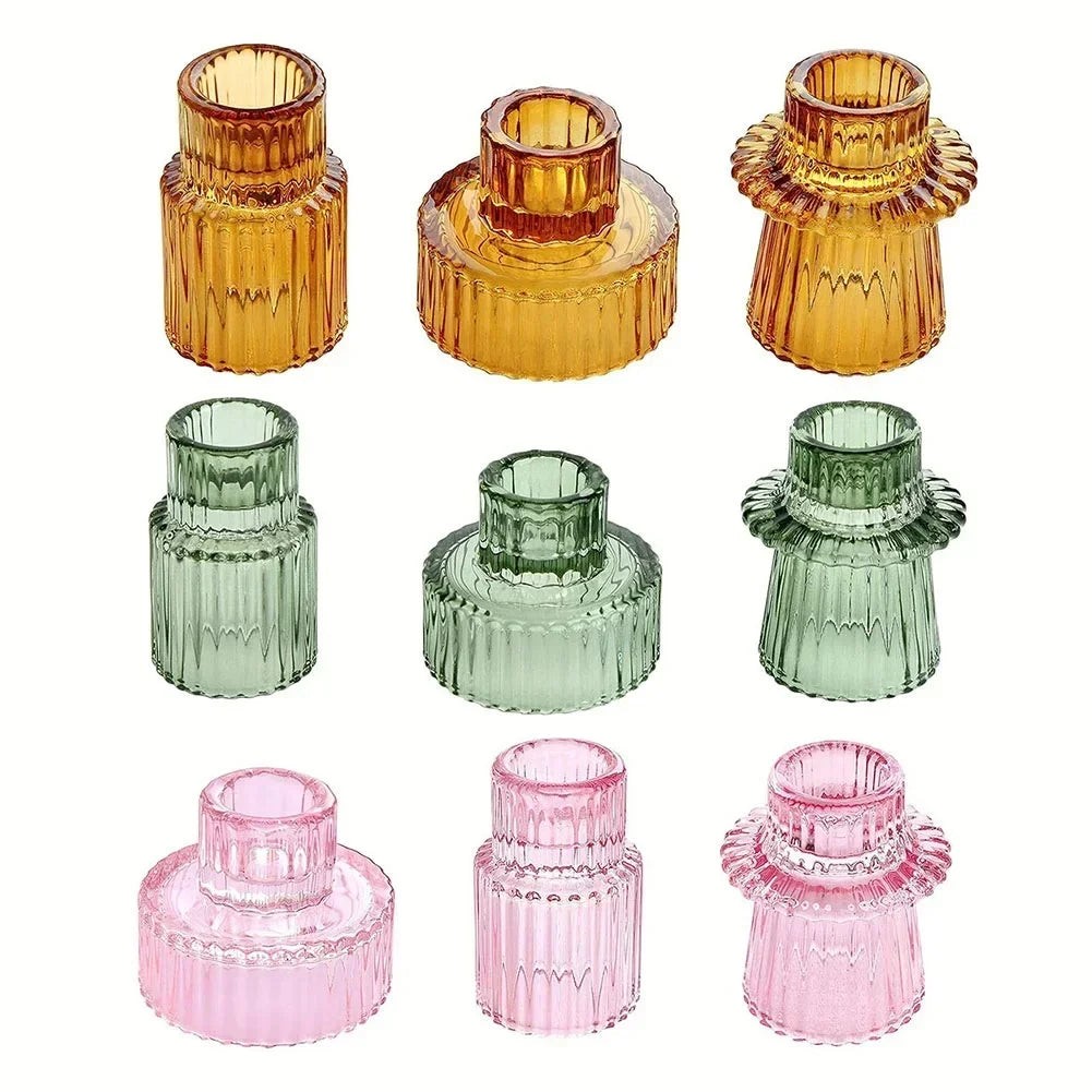 3PCS Set Glass Candlestick,Stick Candle Holder,Transparent Pink Green Amber Color,Wedding Romantic Table Candle Stand,Home Decor