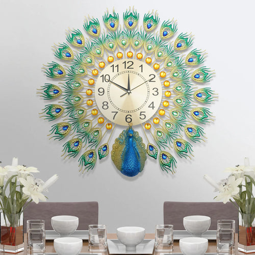 horloge murale silencieuse en métal motif paon décorative intérieure