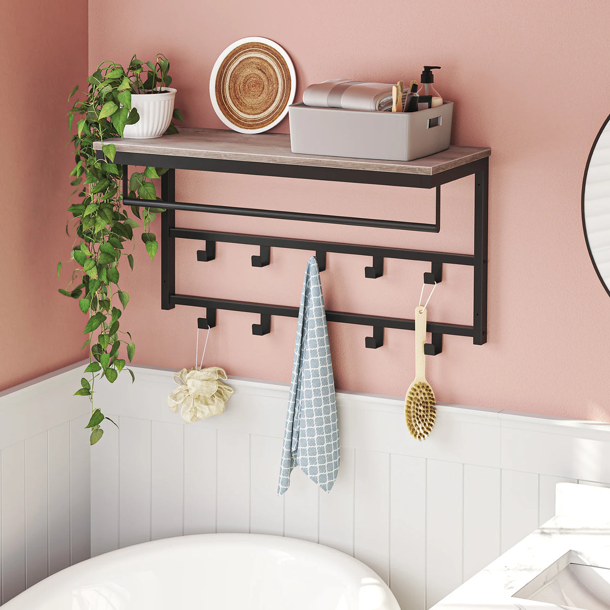 Wall Mounted Coat Rack with Shelf, Wall Shelf with 10 Hooks and Rods, Wall Mounted Hanging Shelf for Hallway Living Room