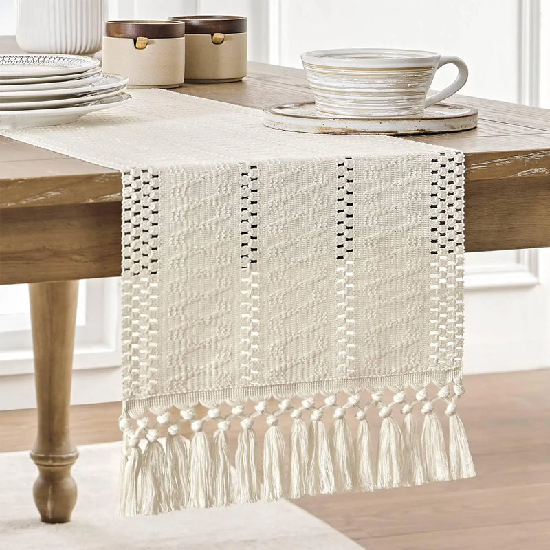 Chemin de table macrame boheme ivoire franges