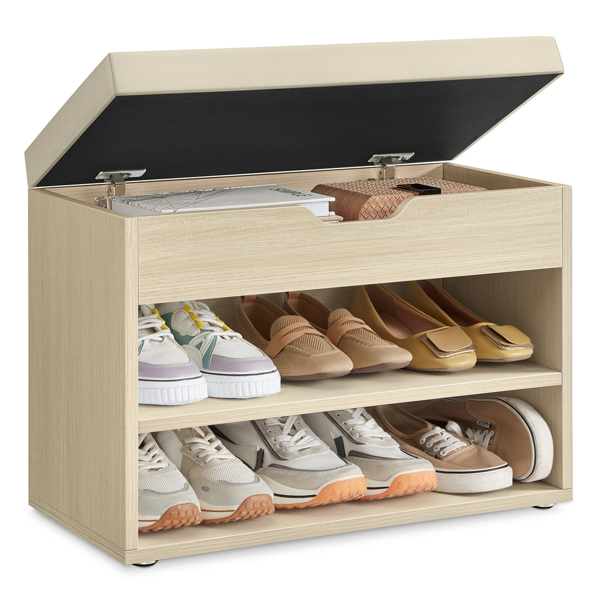 VASAGLE Shoe Bench, Bench, Shoe Rack with Padded Cushion, Shoe Organiser with 3 Levels, 30 x 60 x 44 cm, for Hallway