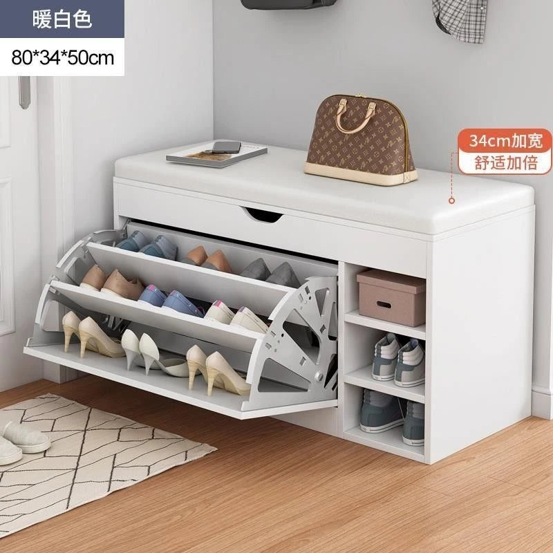 Home Shoe Cabinet with Bench, Anti-Dust Shoe Storage Bench, Multi-Layer Wooden Organizer with   Cushion and Stable Structure - vue 9 sur 13