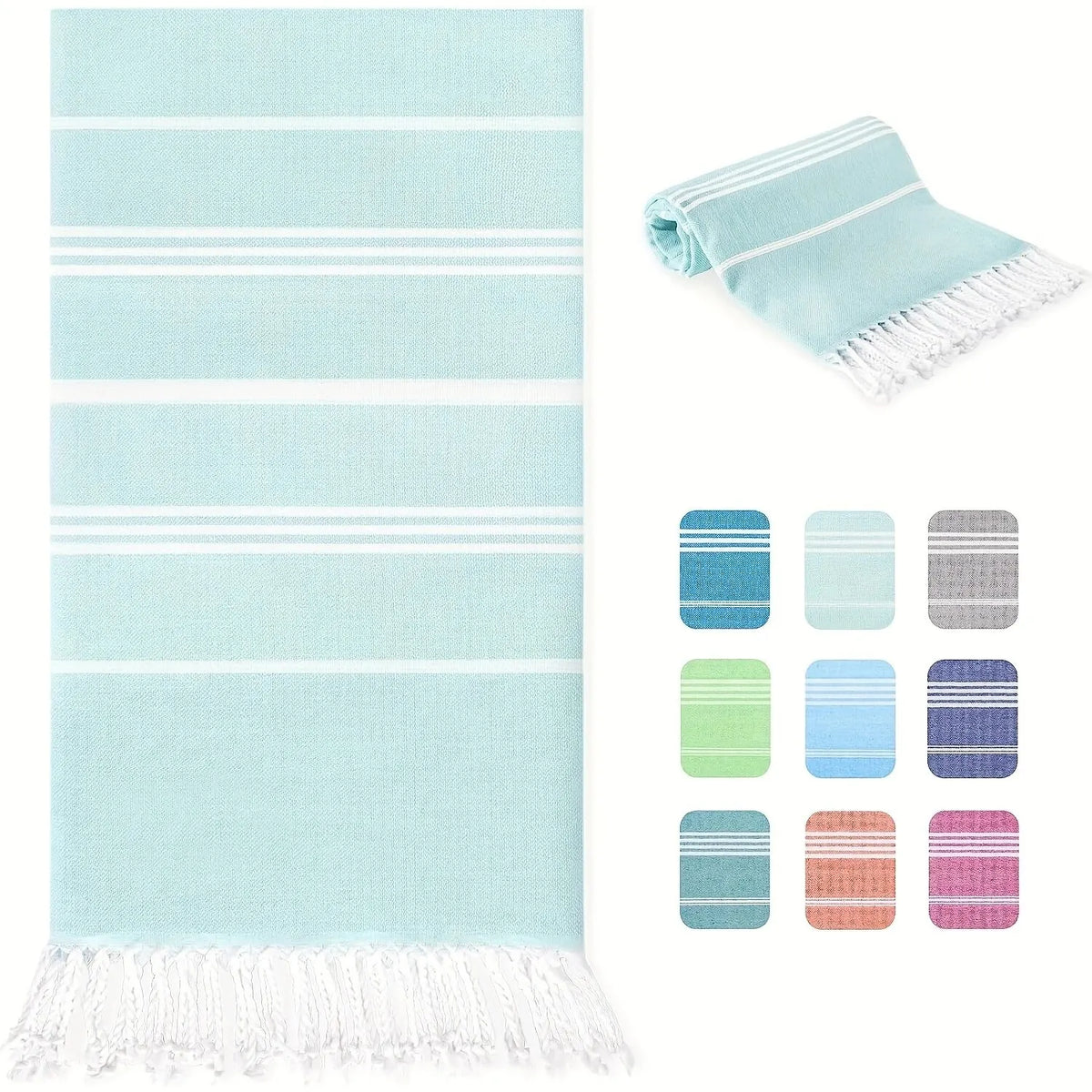 Serviette de plage turque rayée pompons séchage rapide - vue 2 sur 7