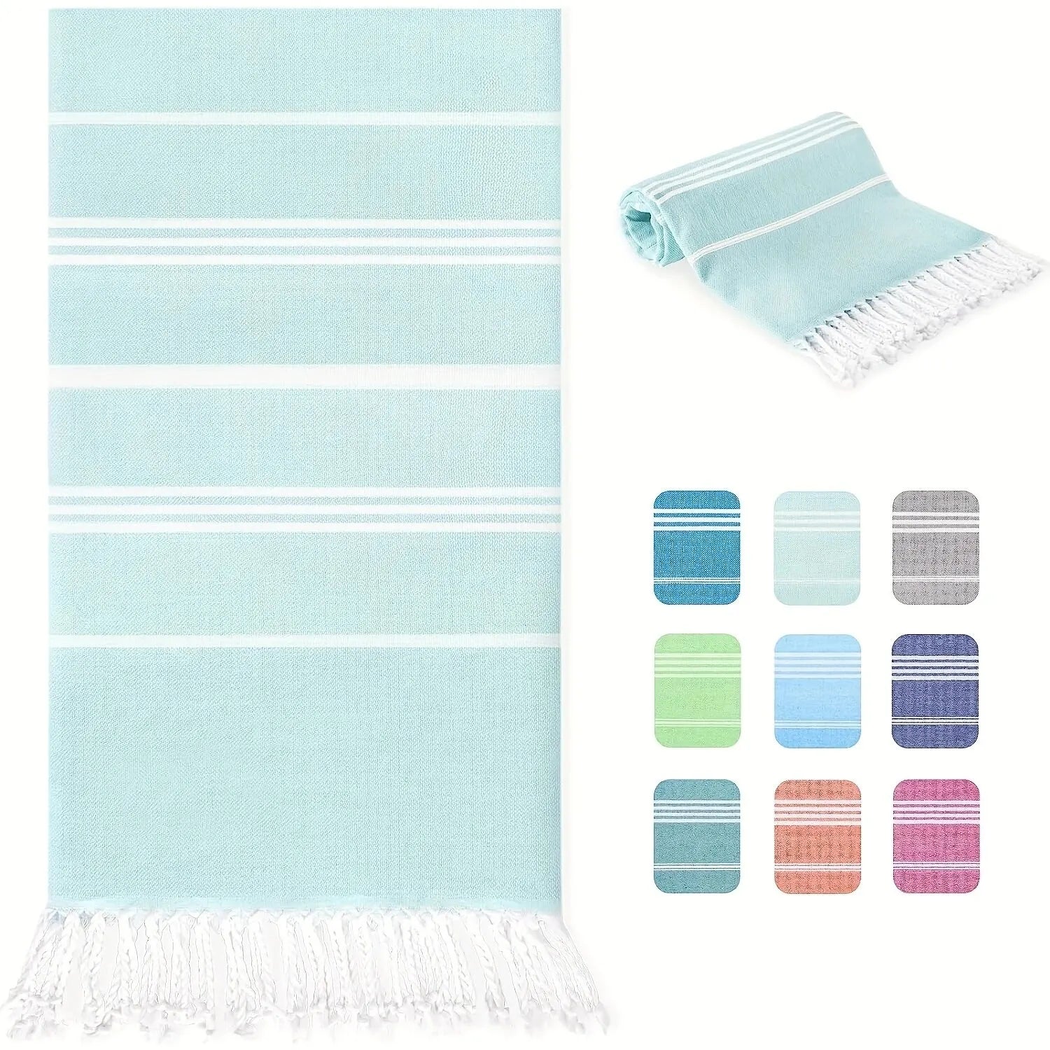 serviette de plage turque rayures pompons sechage rapide - vue 2 sur 7
