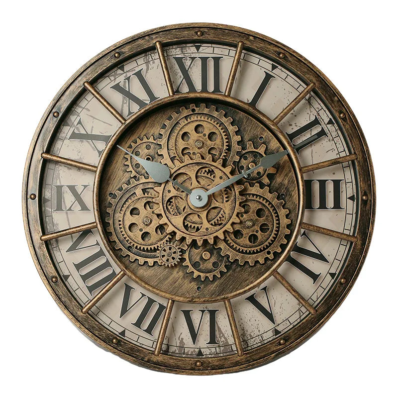 3D vintage wall clock, gear rotating wall clock, circular industrial style design, silent, living room decoration