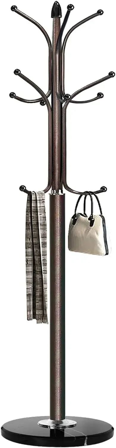 Metal Coat Rack Stand with Natural Marble Base, Free Standing Hall Tree with 12 Hooks for Hanging Scarf, Bag, Jacket