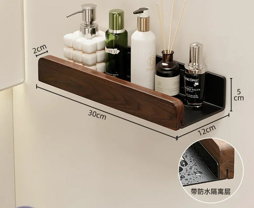 étagère murale en noyer pour rangement et porte-serviettes