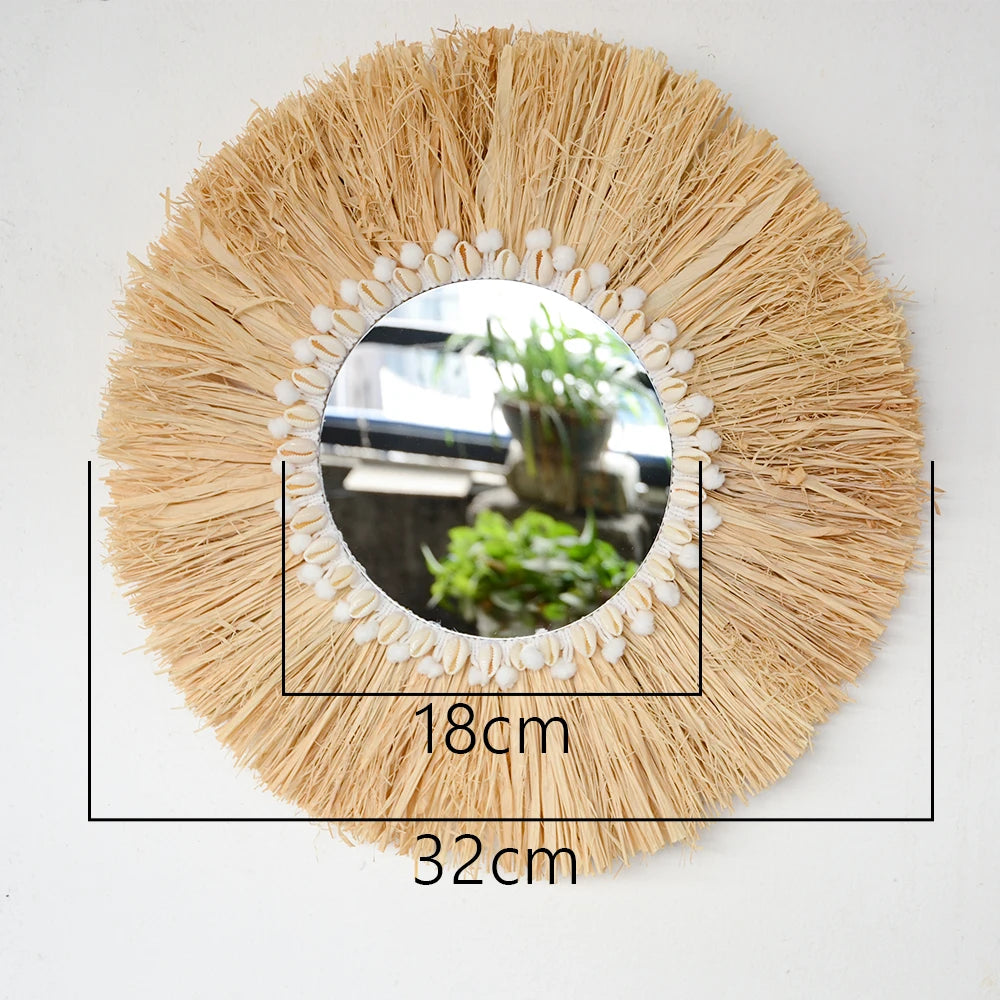 miroir suspendu en raphia et perles en bois décoratif multifonctions - vue 11 sur 11