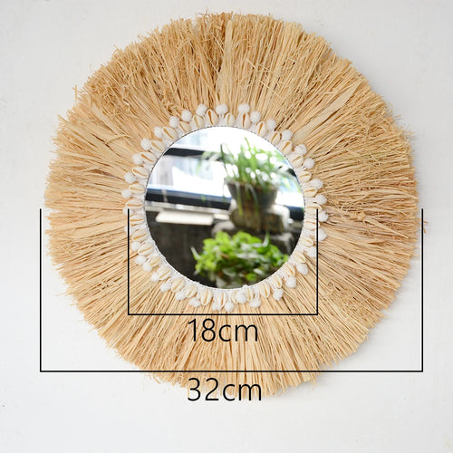 miroir suspendu en raphia et perles en bois décoratif multifonctions