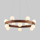 lustre en bois massif avec boule de verre blanc et éclairage intérieur