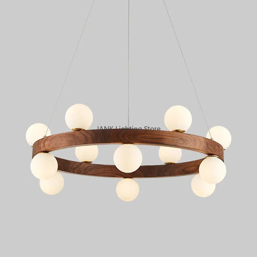 lustre en bois massif avec boule de verre blanc et éclairage intérieur
