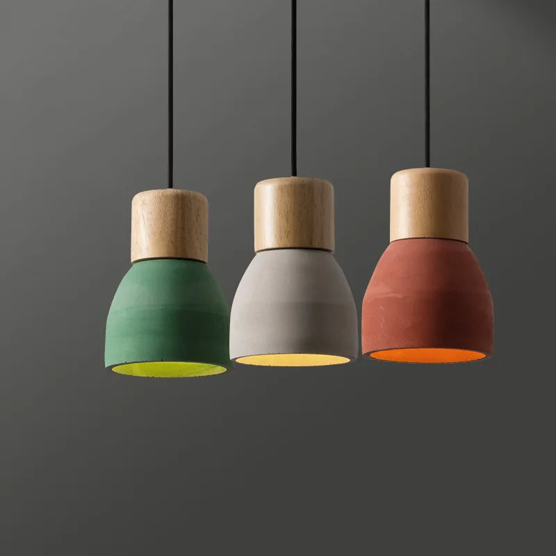 lampe led suspendue style nordique vintage en béton et bois - vue 3 sur 10