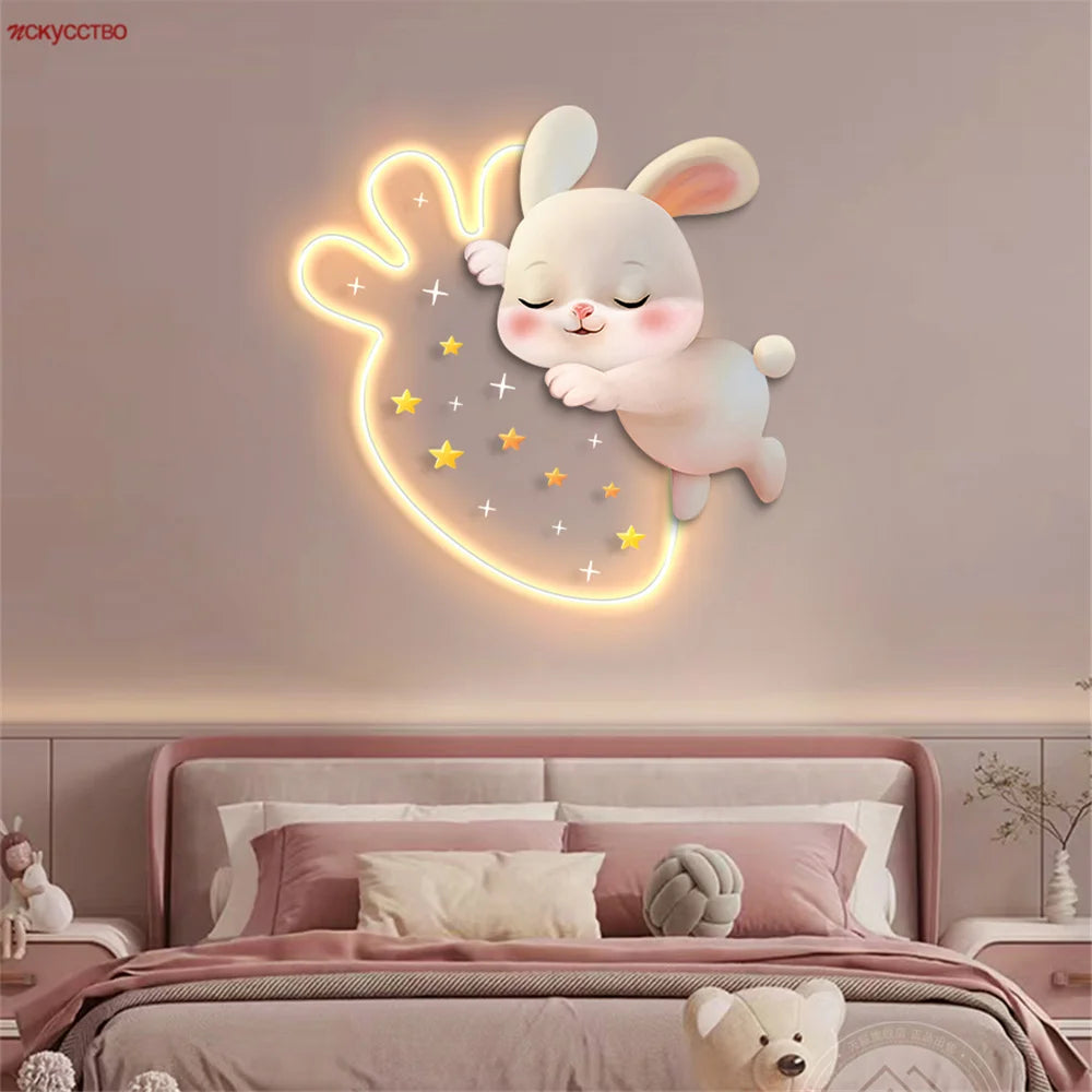 Dessin animé fraise lapin peinture décorative applique murale LED lampe filles chambre chevet atmosphère lumière enfants acrylique murale appliques - vue 3 sur 8