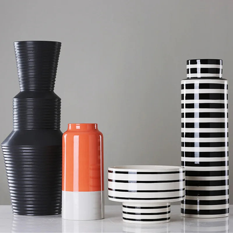 Black and White Striped Ceramic Vase, Flower Pot Decoration, Home and Living Room Decoration, Creative Geometric Striped Vase
