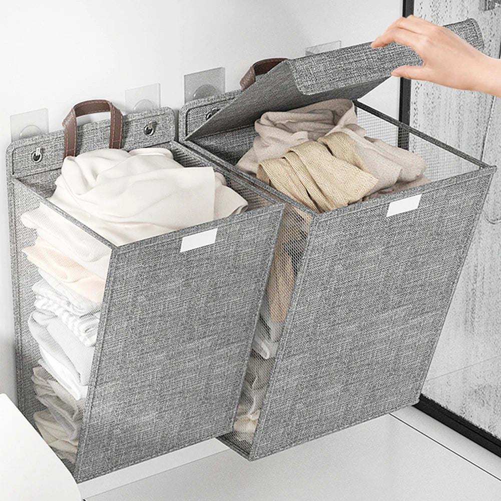 1pc Foldable Adhesive Laundry Basket Hamper, Multifunctional Punch Free Wall Hanging Washing Clothes Mesh Hook Organizer