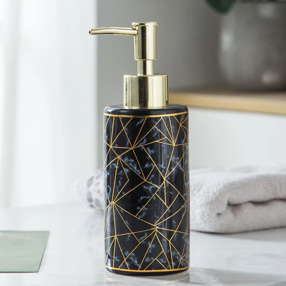 1pc Marble Pattern Ceramic Soap Dispenser,10.14oz Press Type Lotion Dispenser, Refillable Empty Bottle For Shampoo Shower Gel, B - vue 8 sur 8