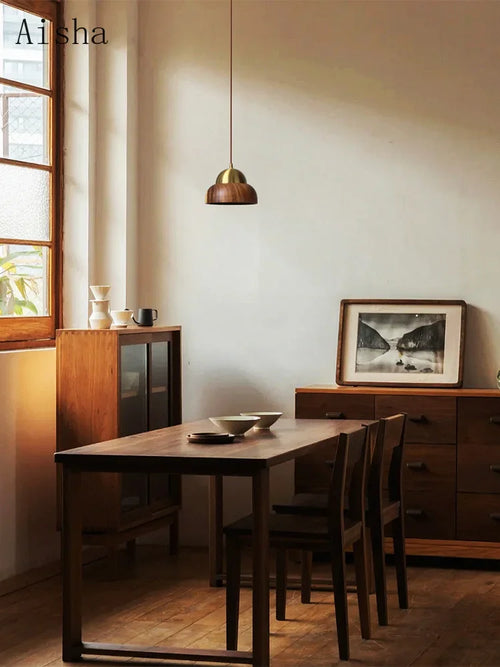 Wabi-sabi Pendelleuchte aus Nussbaumholz mit Messing für Schlafzimmer, Vintage japanischer Stil - vue 2 sur 3
