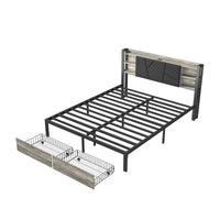 Double Bed with Metal Slatted Base,Platform Bed Frame with LED and 2 Drawers,Headboard with Storage Space,without mattress
