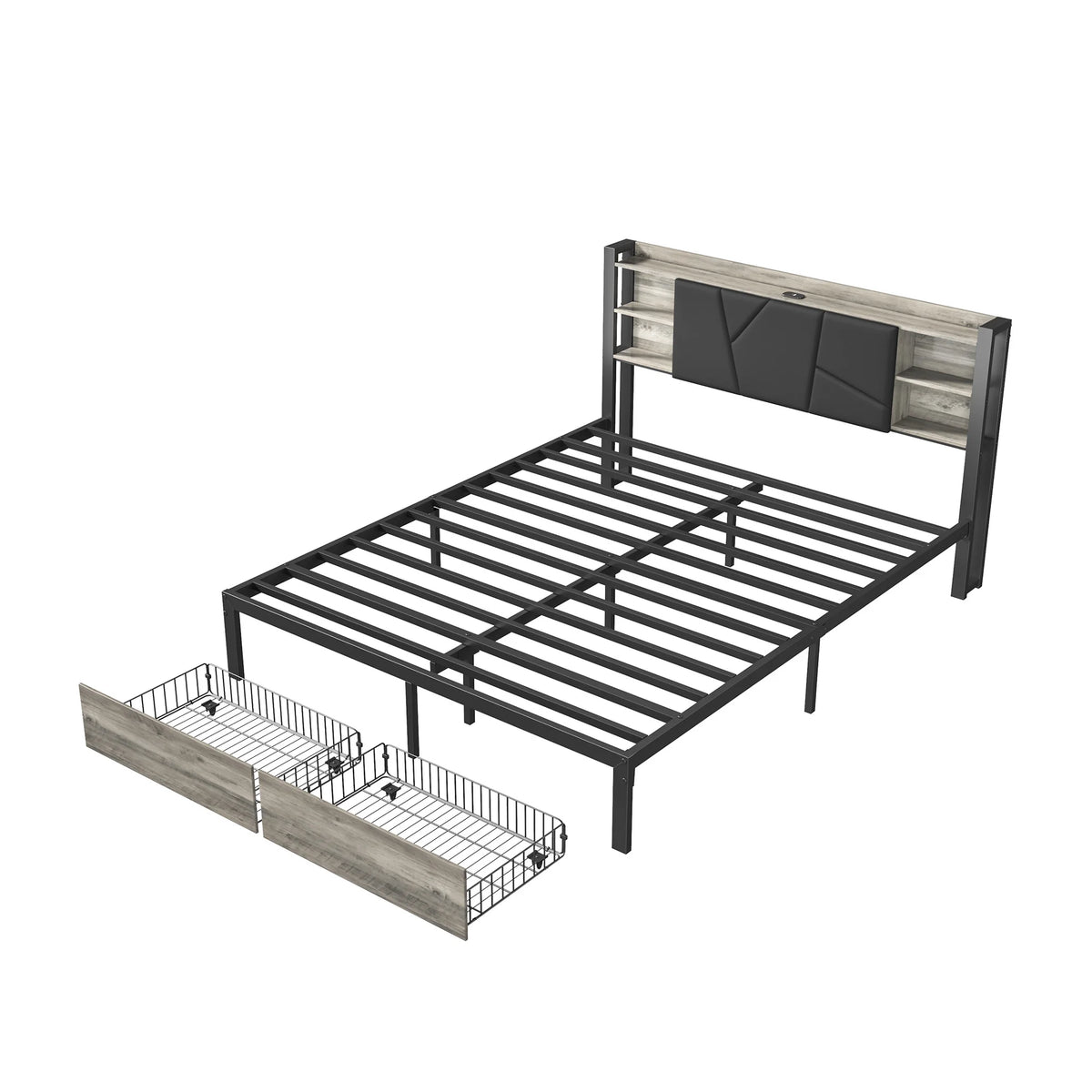 Double Bed with Metal Slatted Base,Platform Bed Frame with LED and 2 Drawers,Headboard with Storage Space,without mattress