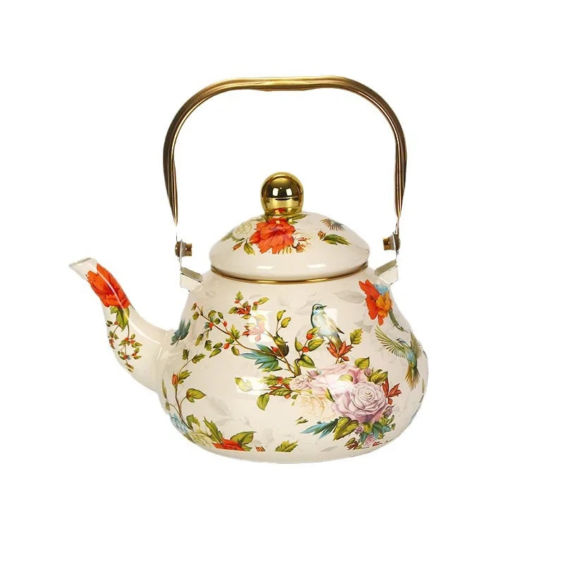 Bouilloire email vintage florale poignée dorée 1 5l - vue 4 sur 5
