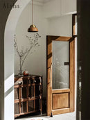 Wabi-sabi Pendelleuchte aus Nussbaumholz mit Messing für Schlafzimmer, Vintage japanischer Stil
