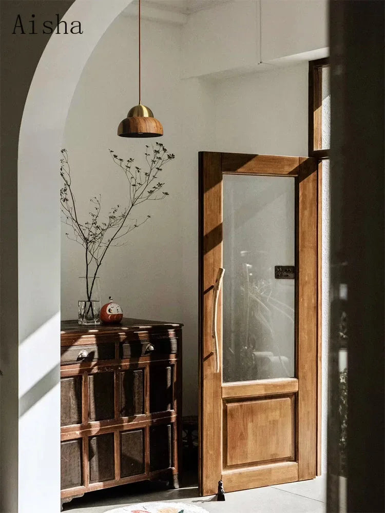 Wabi-sabi Pendelleuchte aus Nussbaumholz mit Messing für Schlafzimmer, Vintage japanischer Stil - vue 3 sur 3