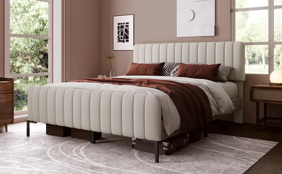 Headboard height is adjustable, 55cm high and thickened headboard Double bed with upholstered bed frame without mattress - vue 3 sur 8