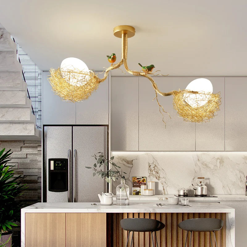 lustre led moderne en forme de nid d'oiseau avec boule de verre - vue 3 sur 14