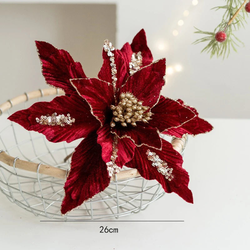 fleur de noël artificielle en velours pailleté décoration festive pour maison - vue 11 sur 12