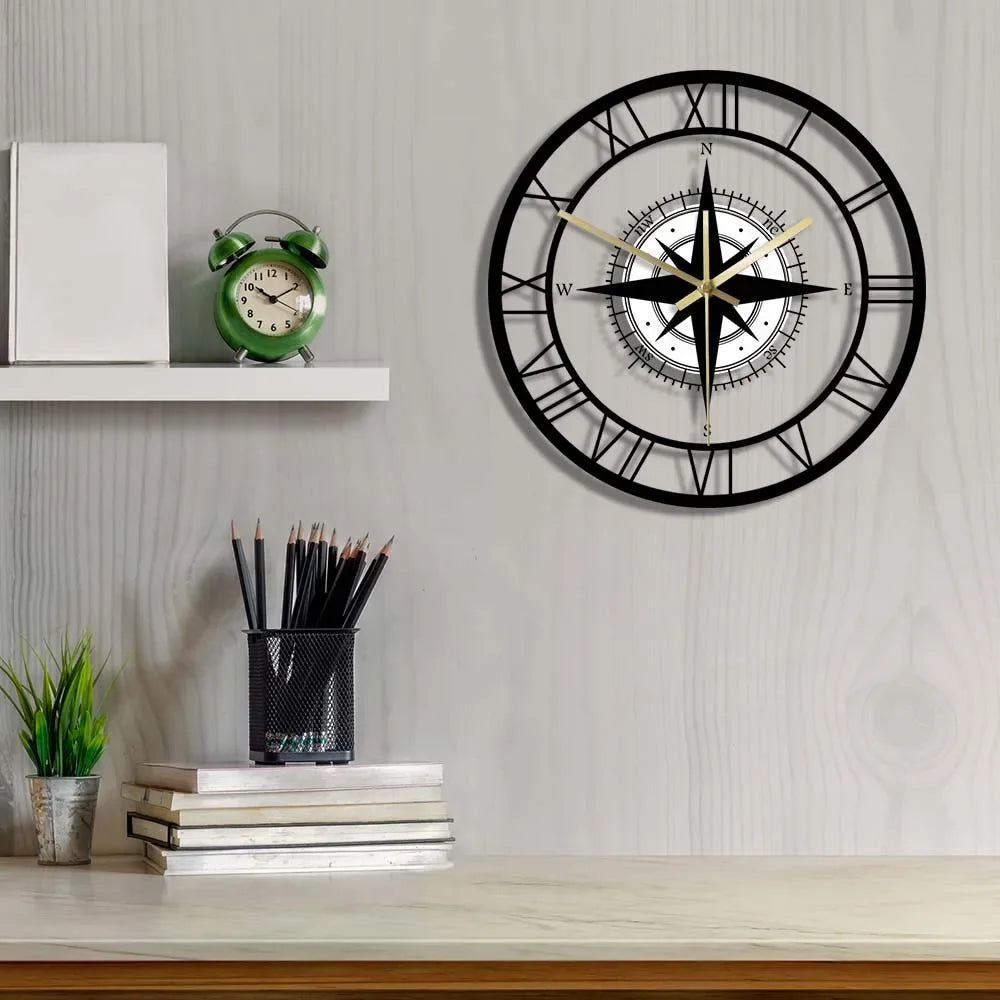 horloge murale silencieuse avec boussole et carte de direction - vue 5 sur 7