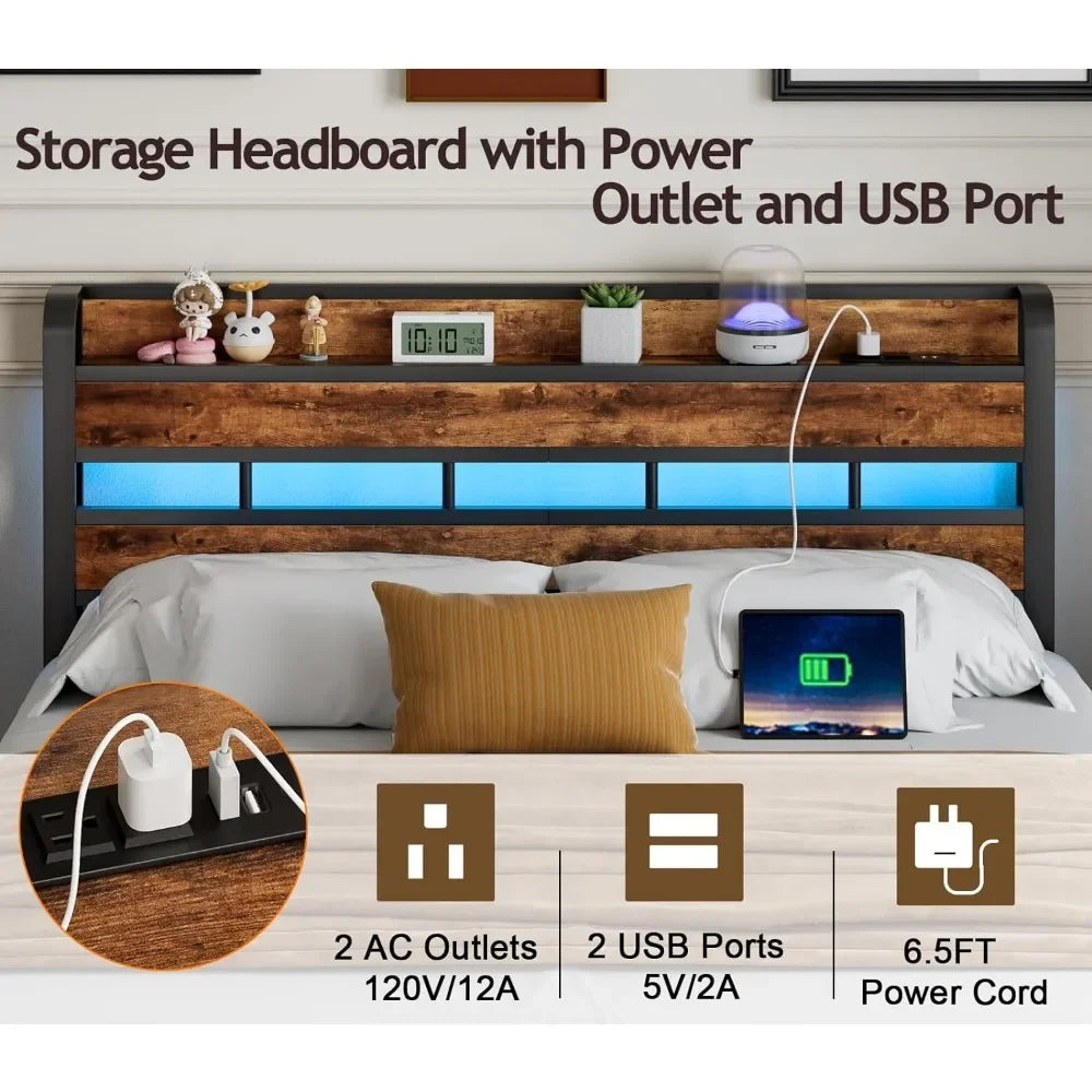 Queen Size Headboard with Storage Shelf and LED Light, USB Port and Charging Station, Sturdy Metal Frame & Wood Shelf - vue 5 sur 6