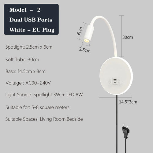 Moderne LED-Wandleuchte mit USB-Anschlüssen und Schalter - vue 10 sur 22