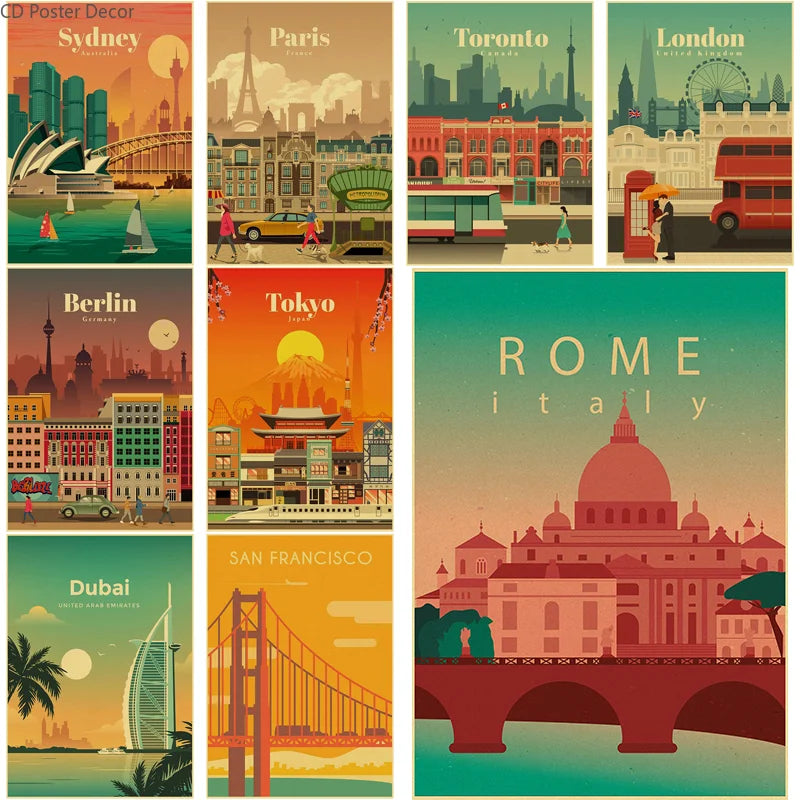affiche rétro des villes du monde pour décoration murale