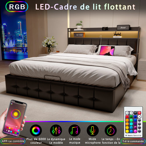 Storage Bed,Upholstered Bed 140/160x200cm,Headboard with LED Lighting and Charging USB,Double Bed with Storage Space,No mattress - vue 5 sur 6