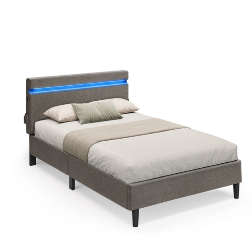 VASAGLE Metal Single Bed, 90 x 190 cm, Bed Frame, with Headboard, LED Lighting, USB and Type-C Port, Modern Style