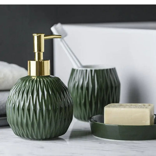Nordic Bathroom, Dark Green Ceramic Embossed Shape, Soap Dispenser, Dish, Mouthwash Cup, Bathroom Supplies, Set - vue 4 sur 13