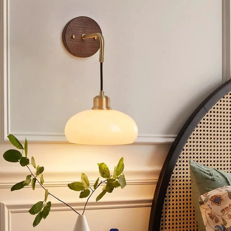 Walnut Wood Glass Brass, Wabi-sabi minimalist Modern style, Wall Sconce light for Bedroom, Bedside, Living, Dining Room - vue 5 sur 7
