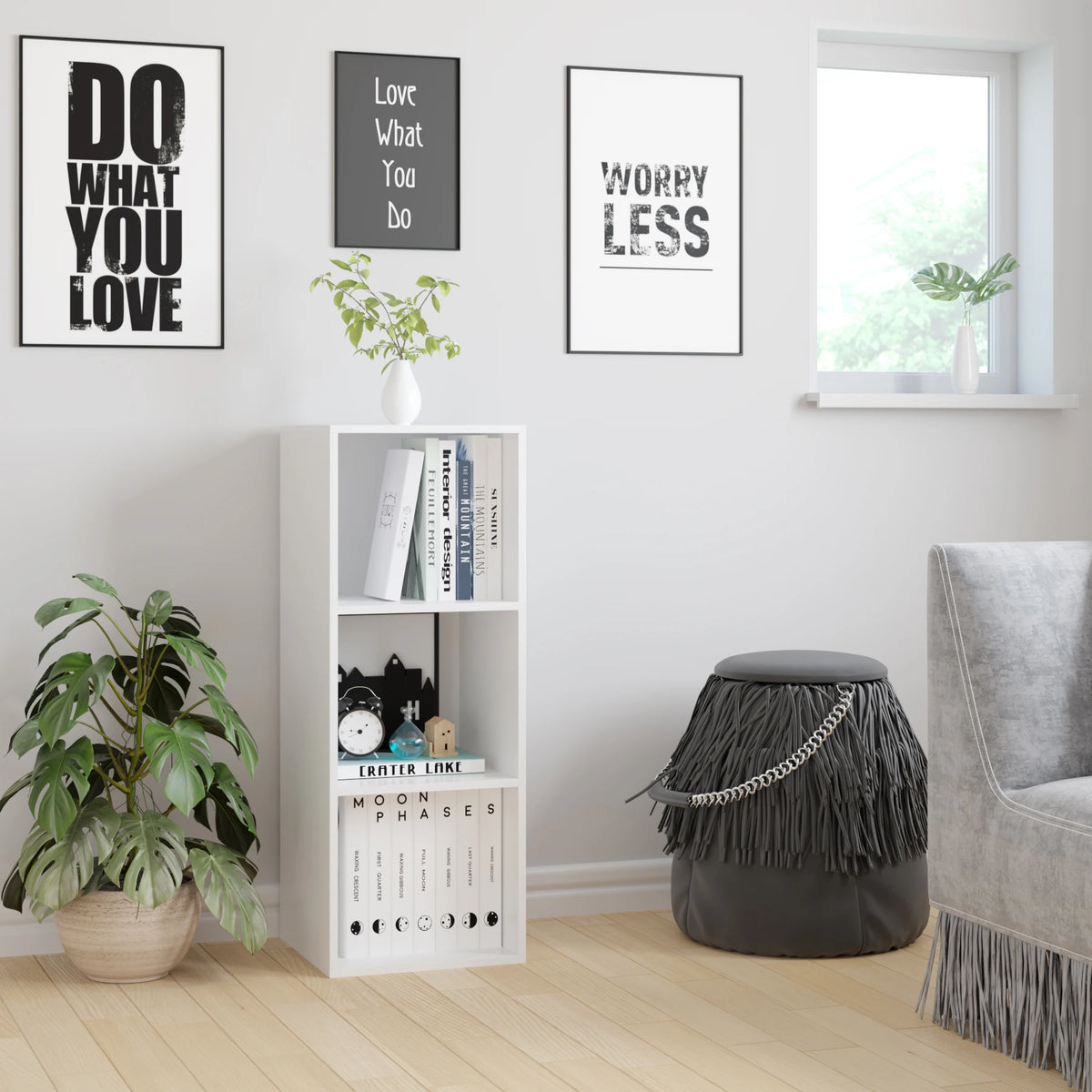 Getone Small Bookcase, White Bookshelf, 3 Cubes Storage Unit, Living Room Bookcase Wooden 30x30x80cm