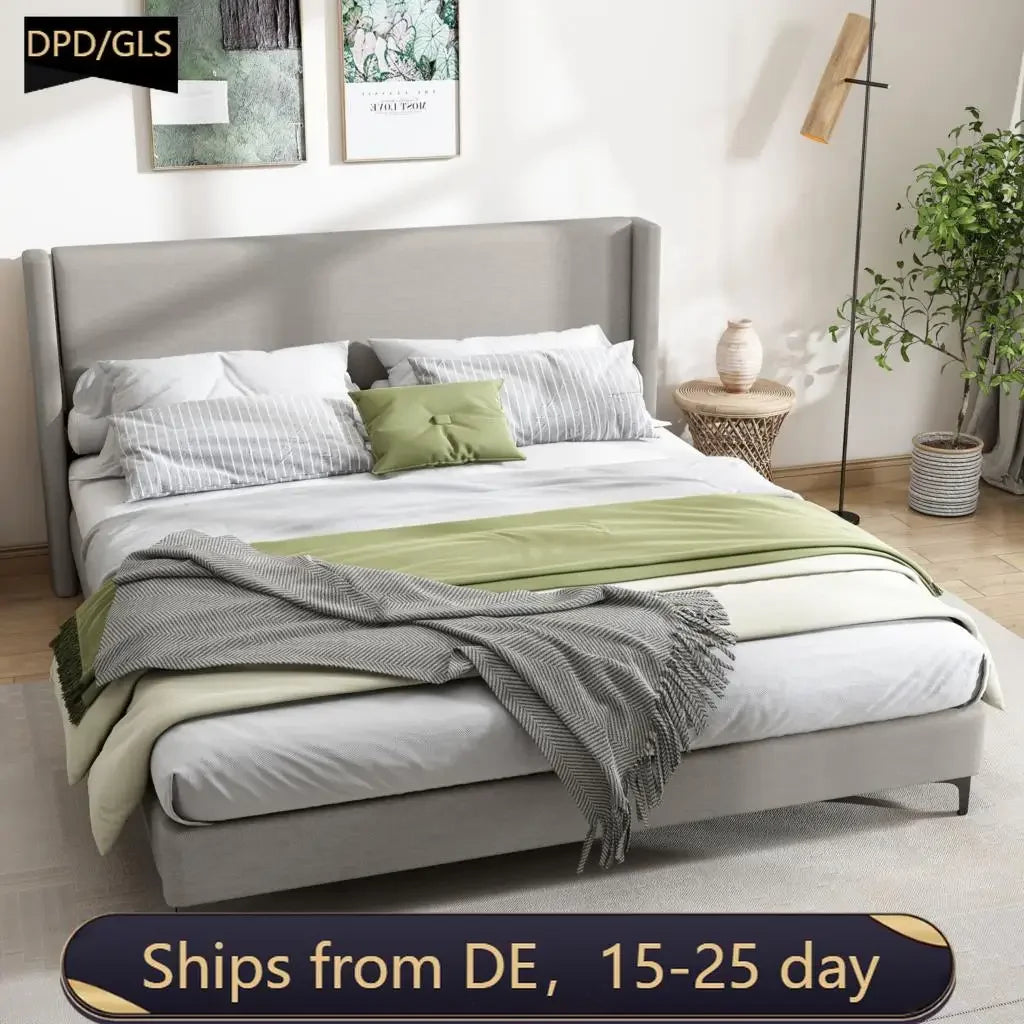 VSOGA Upholstered Bed, Double Bed, Bed With Slatted Frame, High Headboard, Upholstered Headboard, 180 X 200cm, Linen, Grey