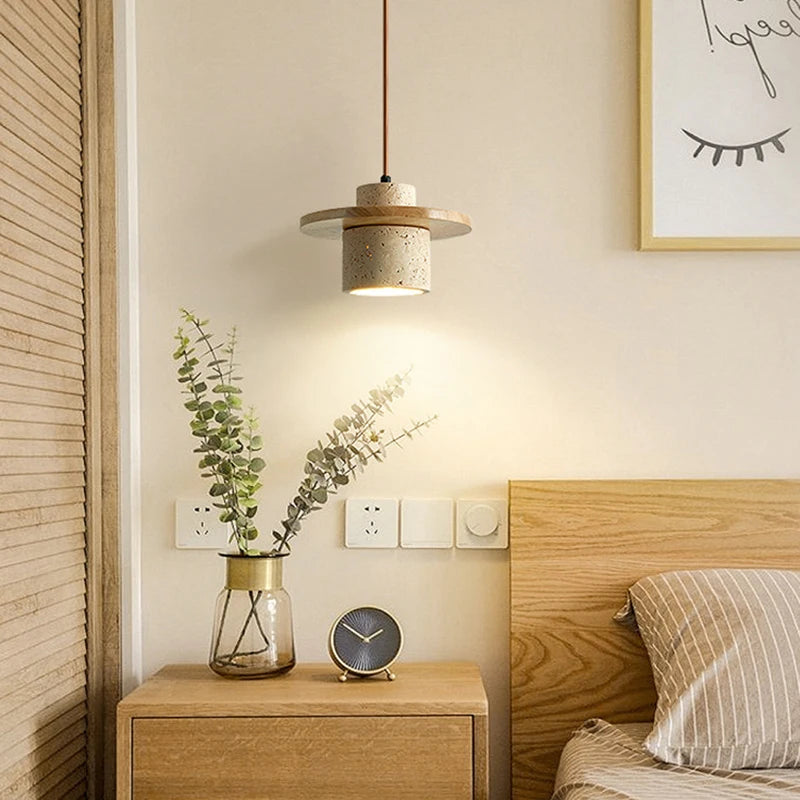 Pendelleuchte aus Stein und Holz mit verstellbarem Kabel - vue 3 sur 8