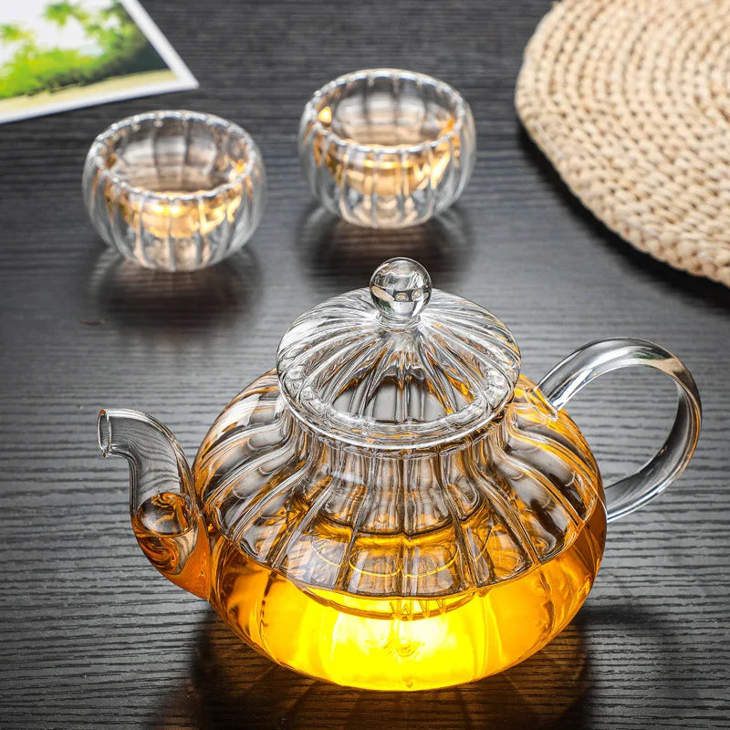 théière verre citrouille rayée filtre floral résistante chaleur
