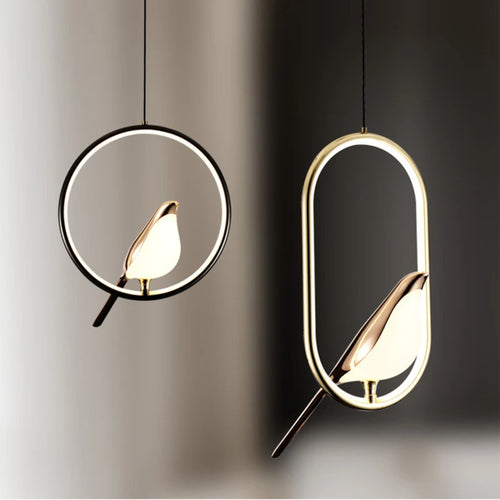 Nordischer Kronleuchter Gold Acryl mit LED-Leiste und Vögeln - vue 5 sur 7