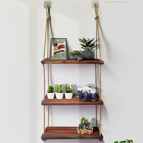 étagère murale en bois avec corde de chanvre pour décoration moderne