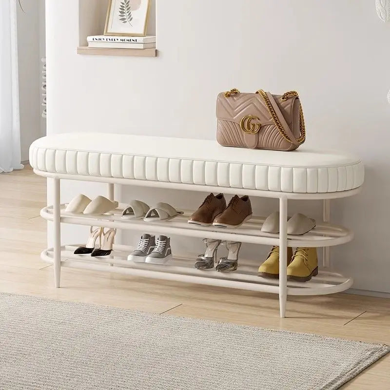 tabouret à chaussures pouf ottoman souple en cuir flanelle et coussin - vue 5 sur 18