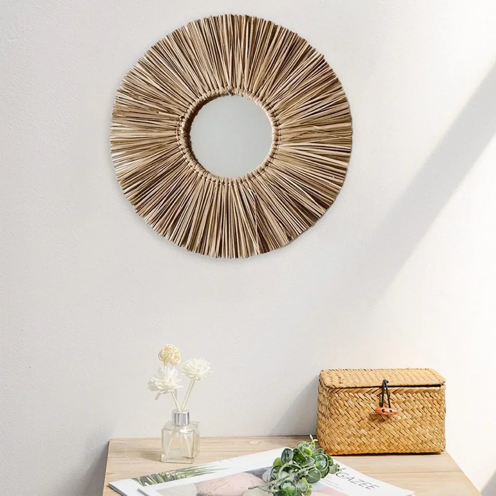 miroir mural rond en corde de paille fait main décoratif à suspendre - vue 8 sur 7