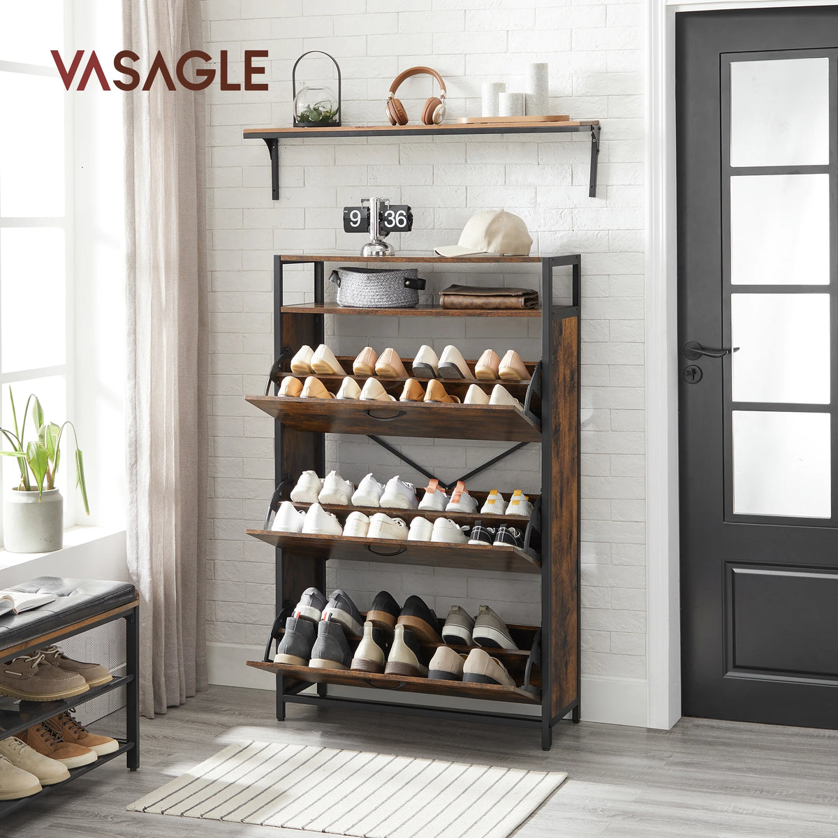 VASAGLE Shoe Cabinet, Slim Shoe Rack, 3-Leaf Shoe Storage Cabinet, Holds 15-24 Pairs, Dustproof, 30 x 80 x 130 cm, for Entryway